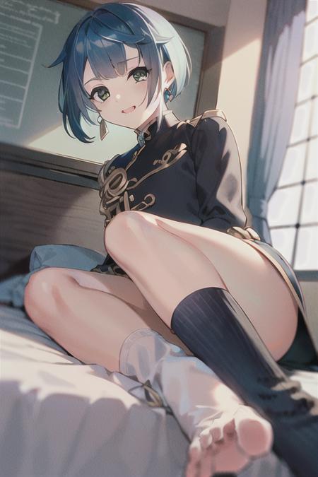 <lora:xingqiu-000018:1>,((masterpiece,best quality)), dynamic angle, (beautiful delicate face:1.1),1boy,solo, light blue hair, fluffy medium-short hair, bangs,earrings, brown eyes, {Round eyes}, rounded Eyelids, blue and black Military highschool dress,((school uniform)), (show foot), bed classroom, finely detailed_fingers,