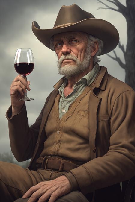 <lora:w3st:0.8>  w3st old male portrait, bearded, cowboy, forest, holding glass of wine, sitting, focus, stormy, raining