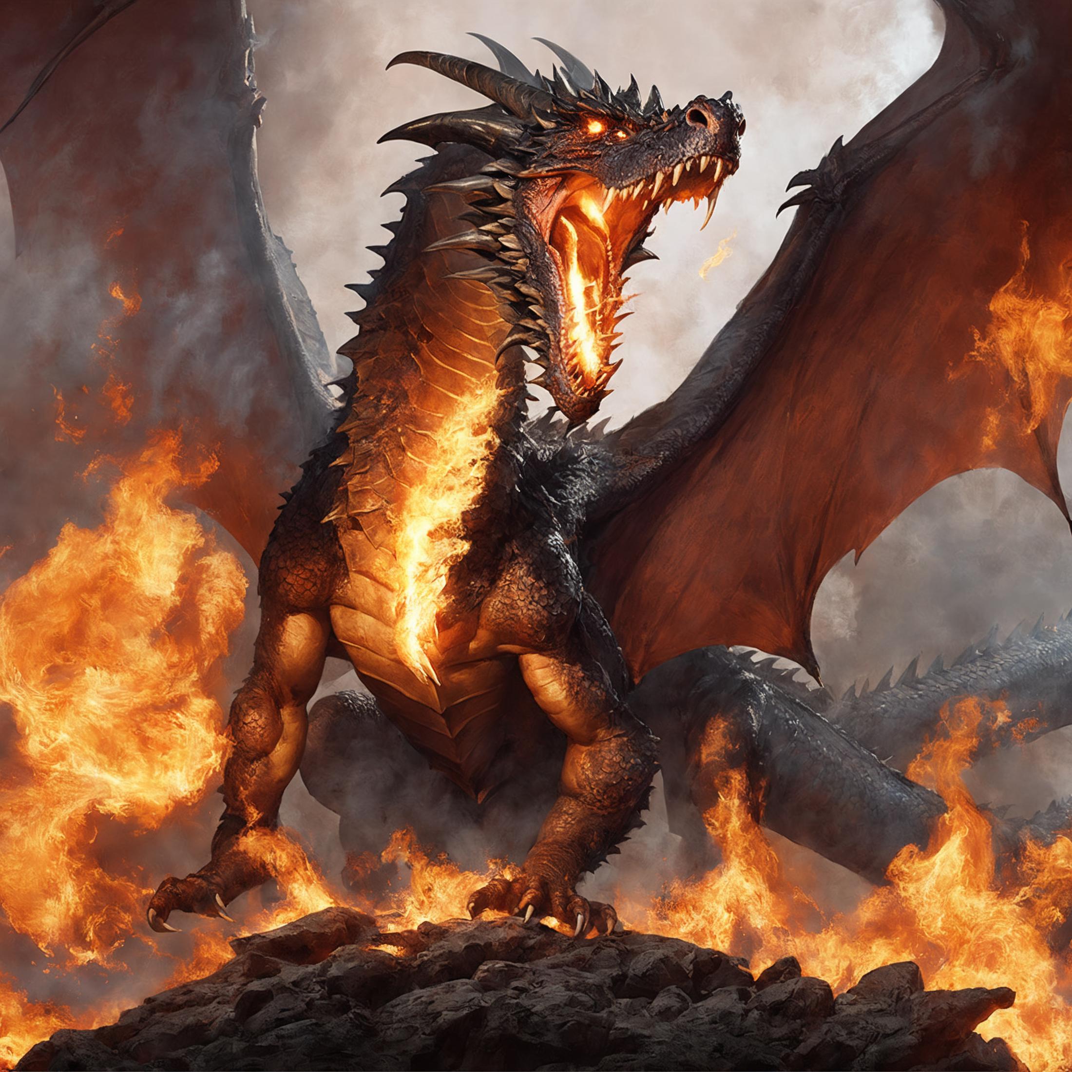 A dragon with fire and smoke around it, standing on a rock.