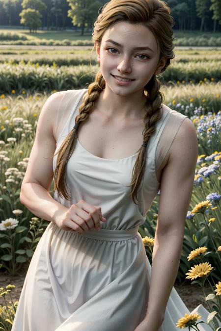 ((masterpiece, best quality))
 <lora:TLOU2Abby:0.8>
TLOU2Abby, 1girl, solo, muscular, single braid, In a field of wildflowers, wearing a flowing dress, smiling