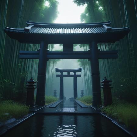 rainy weather, (misc:1.16), ultra detailing, 8 k artwork + surrounding a futuristic japanese bamboo girder double gate forest kebab lighting cyberpunk domreotype mood sci-fi organic architecture detailed concept substance painter volumetric void shadows volumulus matte aquatics sunrise bokeh low key illustrated with musical aztec temple geometry precision detail lost 8 juncentury post-installation cyber paint taken away <lora:add-detail-xl:1>