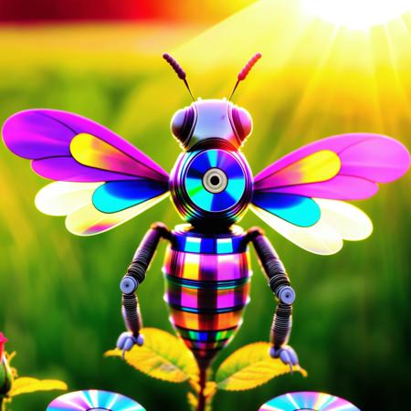 macro photo, robot bee made of cd's on a colorful rose flower, insect, wings, sunbeam, outside, grass