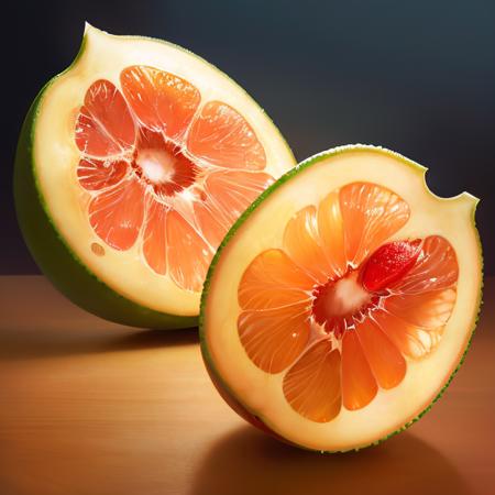 a hyper realistic painting of a fruit slice, a close up of a grapefruit slice with a black background, backlit, art by fruityslices3