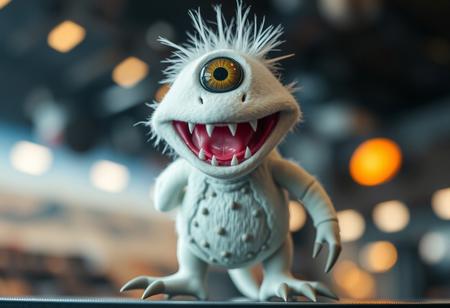 a white muppet with one central alien eye, and real sharp teeth, a scaly belly, and three hoofed legs, spaceship background, bokeh