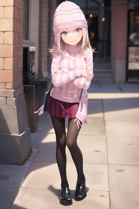 1girl, edith, grey eyes, blonde hair, hat, sweaters, skirt, pantyhose, shoes, full body, standing, smile, (looking at viewer:1.3), city <lora:edith-000004:1>