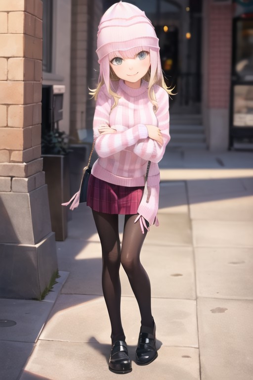 1girl, edith, grey eyes, blonde hair, hat, sweaters, skirt, pantyhose, shoes, full body, standing, smile, (looking at view...
