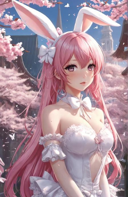 anime masterpiece, best quality, best aesthetic, beautiful, 1girl, waifu, detailed hair, portrait, a girl with long hair and cherry blossoms in the background, pink hair, magical girl

white and pink bunny girl, white and pink playboy bunny, bridal, modern anime, white gloves, pantyhose, animal ears, intricate vibrant colors, stunning, highly detailed, 8k, ornate, intricate, cinematic, dehazed, atmospheric, (skindentation), cleavage, see-through, bow, anime, (by sasucchi95:1.2)