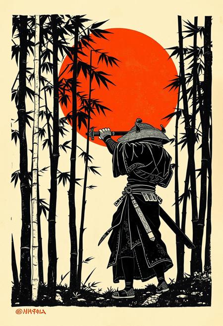 A screen print artwork in a black and orange bichromy. Inkstyle old engraving, paper texture, big red sun in the middle background,a samurai with his sword in  a bamboo forest