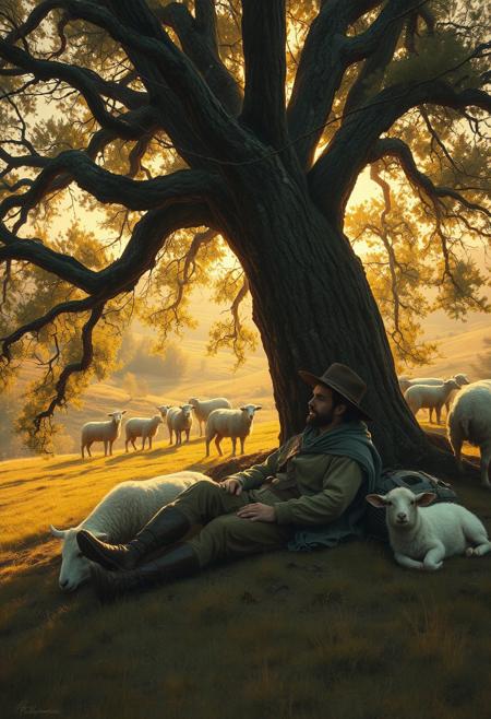 A shepherd resting under an old oak tree, with sheep grazing peacefully in the background, the golden light casting an ethereal, storybook-like atmosphere.
richly detailed historical realism, expressive animal and human connection, warm golden light, soft idyllic countryside, painterly brushwork with delicate textures, romanticized yet highly detailed composition, dramatic yet harmonious atmosphere