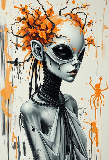 Ethereal minimalist Alien race cybergoth fashion photography painting, in the style of fluorecent orange, pearl_white black and silver, heavy use of palette knives, full body wide shot painting of teachment, intricate, sharp_focus, concept_art