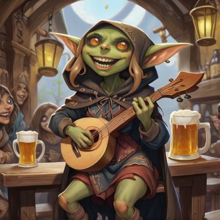 A cute female path_goblin bard, big eyes, wearing a  hoodie cloak, long wavy hair, singing on a tavern while playing a lyre, mugs of beer at her feets,<lora:Path_goblin:1>