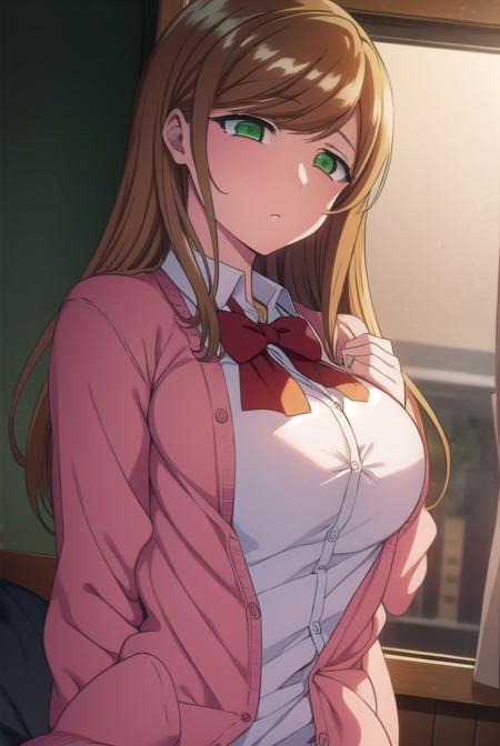 minakosanada, <lyco:minakosanada-lyco-nochekaiser:1>, 
minako sanada, long hair, brown hair, (green eyes:1.5),
BREAK long sleeves, bow, school uniform, bowtie, red bow, cardigan, pink cardigan,
BREAK looking at viewer,
BREAK indoors, classroom,
BREAK <lora:GoodHands-vanilla:1>, (masterpiece:1.2), best quality, high resolution, unity 8k wallpaper, (illustration:0.8), (beautiful detailed eyes:1.6), extremely detailed face, perfect lighting, extremely detailed CG, (perfect hands, perfect anatomy),