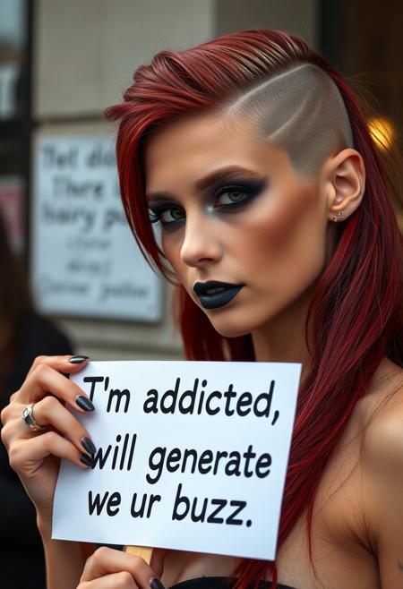 Picket Sign, tan woman in her 20s, smokey eyes makeup with black lipstick, brown eyes, she is holding a Picket sign which says: "I'm addicted, will generate for buzz.", Long red hair shaved on one side with light roots, Large breasts, erotic, perfect face, perfect anatomy, cute, beautiful, perfect beauty, amazing beauty, pure genius, absolutely perfect, gentle, highly detailed, breathtaking, italian beauty