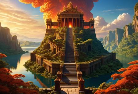 Hyperrealistic concept art. Mid shot, 2/3 face angle. A stairway to heaven separated by earth and a lake of fire below. Side light. Dramatic, warm, golden hour colors. Extremely intricate details on mystical realm infrastructures with overhanging lush vegetation, high above a serene earthscape. Ancient stonework ruined temple ruins half-submerged in the fiery lake below. Michael Whelan inspired, iconic, mythical, breathtakingly vivid, 4k resolution.