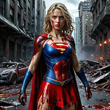 High resolution ultra-realistic of beautiful Supergirl with wavy blolnde hair, Greg Rutkowski, Intricately Designed Handsome dirty bloody face, Realistic beautiful bllue eyes, Atrractive 21 years old woman, dark sci-fi elements, Standing in the middle of a bloody battle on the battlefield, Streets of a metropolis full of debris, in a fighting pose, Intricately designed tight Blood-stained combat costume, red mini skirt, red cape, heroic stance, DC Comics, Realistic Firm breasts, 8K, ultra-realistic body, bloody realistic costume, Supergirl covered in blood on her body, realistic red lips, adding to the intense and dynamic atmosphere of the scene, without makeup, Asymmetrical Balance, hyperdetailed painting, dynamic lighting, adding to the intense and dynamic atmosphere of the scene, complex masterpiece