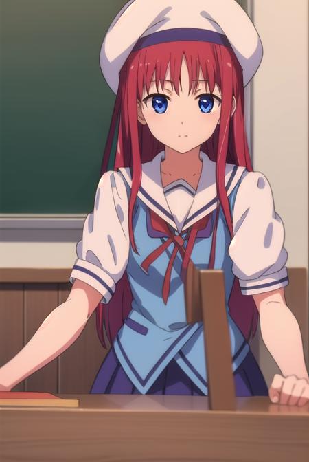 kotorishirakawa, <lora:kotorishirakawatest:1>,
kotori shirakawa, long hair, blue eyes, red hair,  (small breast:1.2),
BREAK skirt, hat, school uniform, short sleeves, socks, puffy sleeves, puffy short sleeves, beret,
BREAK looking at viewer,
BREAK indoors, classroom, 
BREAK <lora:GoodHands-vanilla:1>, (masterpiece:1.2), best quality, high resolution, unity 8k wallpaper, (illustration:0.8), (beautiful detailed eyes:1.6), extremely detailed face, perfect lighting, extremely detailed CG, (perfect hands, perfect anatomy),