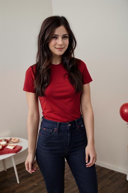 wearing a  red tshirt, jeans,  birthday party  <lora:Monica1873Bar:1> a woman, m1873b, solo,