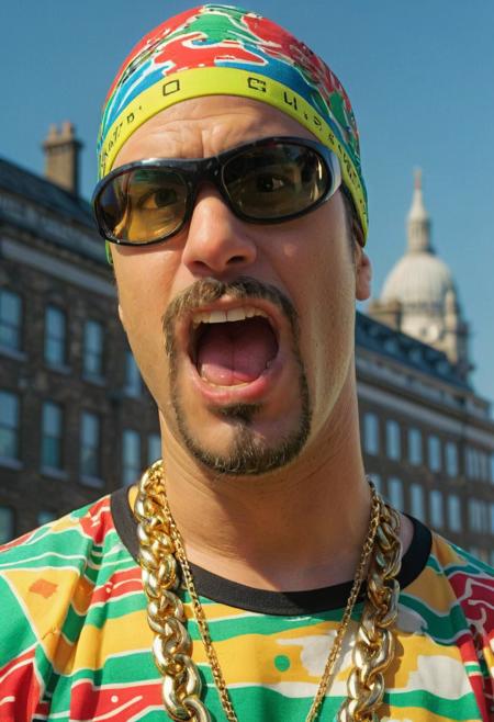 picture of a man EPAliGXL wearing an nintendo print shirt with yoshi and a do-rag, sunglasses, gold chains, standing on a rooftop, london, upperbody portrait, angry,