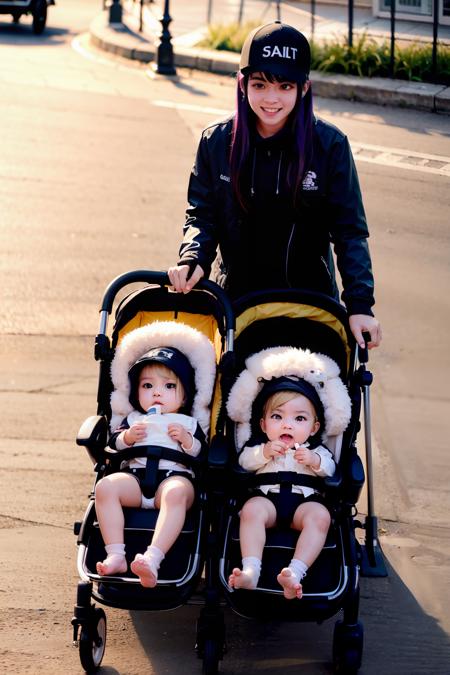 masterpiece, best quality,outdoors,girl,2babys,walking,black jacket,black hat,pushing stroller,2babys in stoller, blonde hair baby,(2babys:1.2)