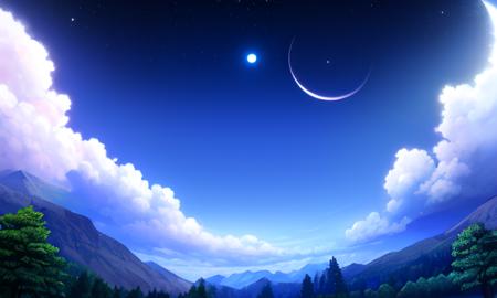 ((extreme detail)),(ultra-detailed),extremely detailed CG unity 8k wallpaper, best quality, masterpiece, <lora:OdinSphereStylev2:0.7>midnight, cloudy_sky, crescent moon, forest, moonlight, horizon, nature, no humans, outdoors, scenery, starry sky, tree, OdinSphereStyle,