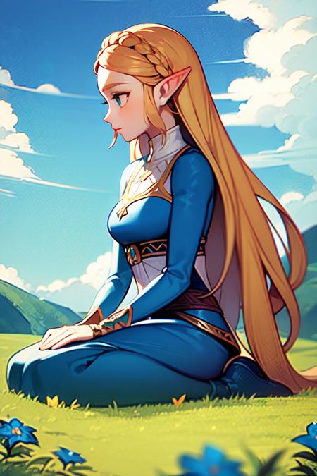 princess zelda, 1girl, bangs, blonde hair, blue dress, blue flower, braid, breasts, dress, falling petals, flower, full body, gingx02, green eyes, kneeling, long hair, long sleeves, looking to the side, medium breasts, nintendo, outdoors, parted bangs, petals, pointy ears, princess zelda, profile, sidelocks, silent princess, solo, the legend of zelda, the legend of zelda: breath of the wild