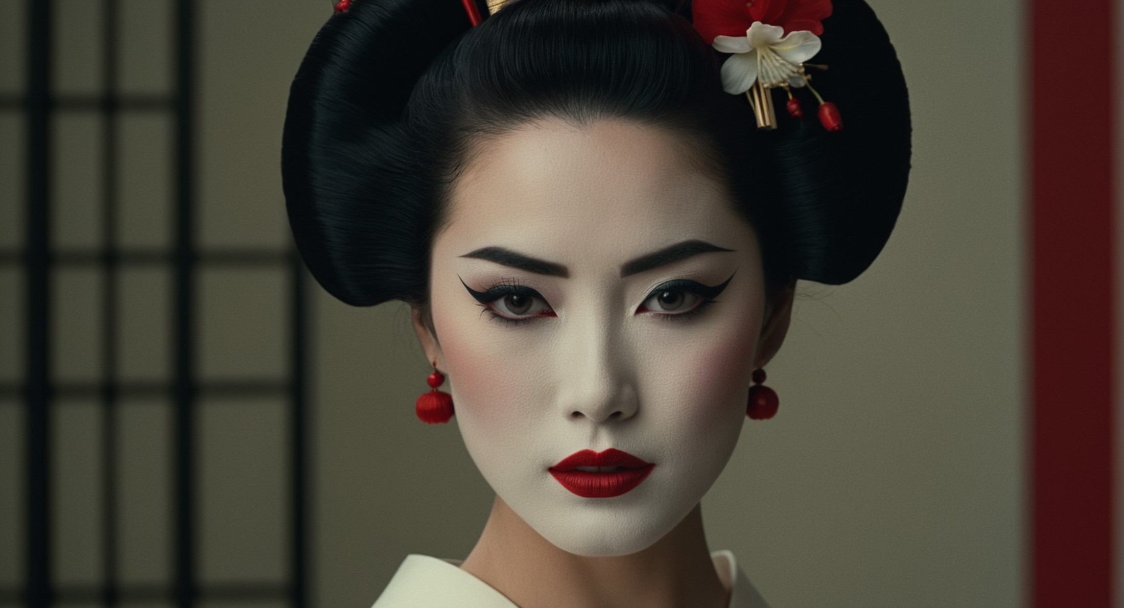 cinematic film still of  <lora:Ron Fricke style:1
a geisha woman with a red lip and a black hairdo,1girl,solo,looking at v...