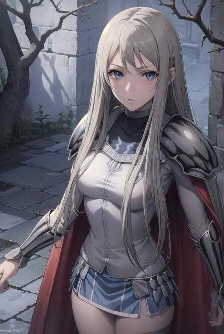 galatea, long hair, blonde hair, very long hair, (grey eyes:1.5), boots, cape, armor, knee boots, grey skin,