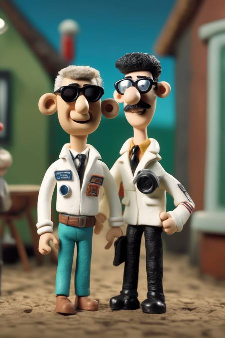 <lora:Aardman Animations Style:1>Aardman Animations Style - a wallace and gromit style claymation image of a nerdy guy with business clothing on and the other person is a retired astronaut with a buzzcut and aviator sunglasses on