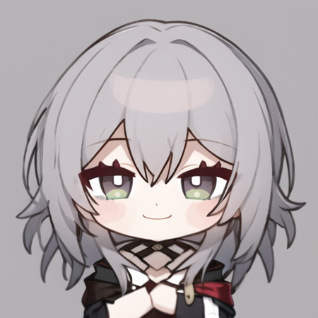 1girl, grey background, chibi, smiling, female trailblazer