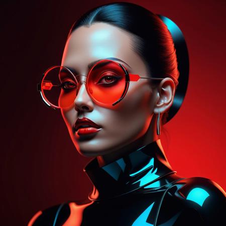 Ultra realistic color pencil  image of
Create a highly stylized, futuristic portrait featuring a confident woman with bold makeup and red-tinted circular sunglasses. She has an air of authority and elegance. The background is a solid, intense red, creating a striking contrast with her smooth, illuminated skin. The lighting is dramatic, highlighting her facial features and casting subtle shadows. She wears hoop earrings and a high-neck dress, exuding a sense of fashion-forward, cyberpunk aesthetics. The overall style is modern, with a vivid color palette and a focus on strong, geometric shapes and clean lines.
BREAK
Dark theme, dynamic lighting, (soft shadows), (soft focus), (photo realistic), uhd, 8k