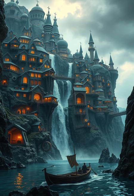 cinematic a sprawling, intricate city built into a rocky cliffside, illuminated by warm, glowing lights. The architecture is a blend of medieval and steampunk styles, with wooden structures, metal gears, and pipes. A waterfall cascades down the center, adding a dynamic element to the scene. In the foreground, a small boat with two figures navigates the water, surrounded by jagged rocks. The sky is overcast, with a hint of sunlight breaking through, casting a mystical ambiance. The overall color palette is a mix of earthy tones and cool blues, enhancing the fantastical atmosphere.