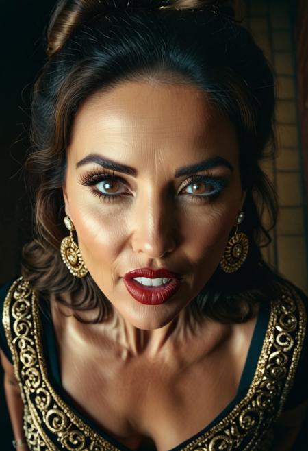<lora:chav_pny-6:0.7> chav style, milf chav. Fifty-year-old. mouth open wide to receive. puffy lips. Chav white lipstick. Huge glossy white lips. White lipstick. Botox lips. Hair bun. Large gold hoop earrings. cinematic still highly detailed eyes . high budget, cinemascope, moody, epic, gorgeous, film grain, grainy, photograph highly detailed eyes, 50mm . cinematic 4k epic detailed 4k epic detailed photograph shot on kodak detailed cinematic hbo dark moody, 35mm photo, pov view, from above, grainy, vignette, vintage, Kodachrome, Lomography, highly detailed, found footage, realistic portait photo of beautiful 56-year-old woman with long brown hair, standing, looking at viewer, influencer, begging,  clear and intense dark-brown eyes, winking, instagram, cleveage, highly detailed eyes, cute, perfect full colorful coherent cinematic composition, sharp focus, elegant, highly intricate, generous, inspired, pretty, fine, complex background, artistic, light, crisp, color, clear, aesthetic, very inspirational, vibrant, radiant, bright, vivid, gorgeous, focused, loving, symmetry, thought, elite, polished, beautiful, stunning
