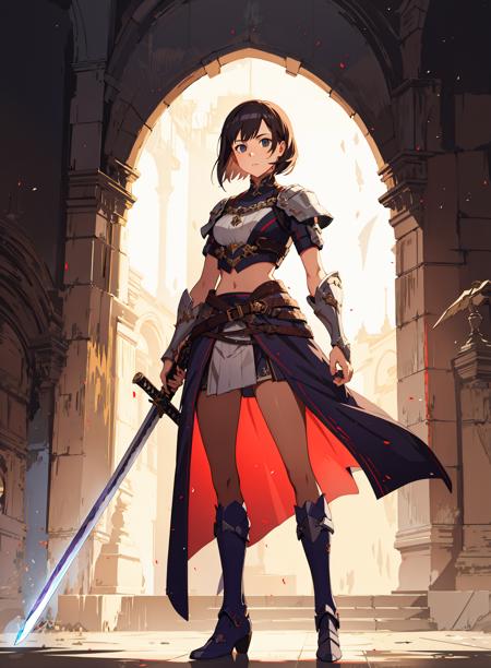 1girl, cinematic light, standing, holding sword,