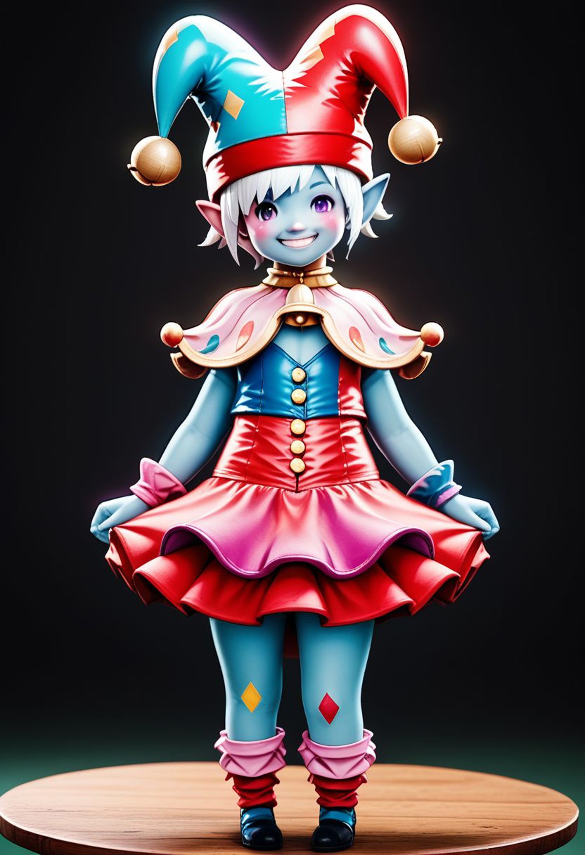 lalatater, lalafell, solo, 1girl, hat, jester cap, skirt, bell, standing, colored skin, looking at viewer, full body, shor...