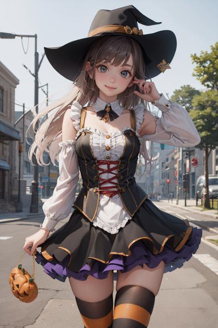 (masterpiece, best quality:1.2), <lyco:attire_stripedthighhighs_blkora-09:1.0>, cowboy shot, solo, 1girl, smile, looking at viewer, halloween costume, striped thighhighs