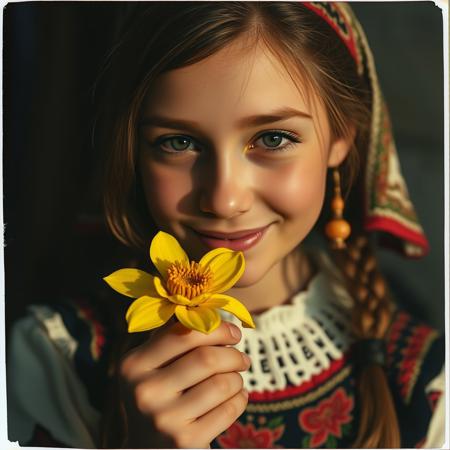A smiling bulgarian girl in traditional bulgarian clothes smelling a flower, realistic skin texture and pores with small imperfections, soft natural light, hyperreal, night photo, polaroid picture