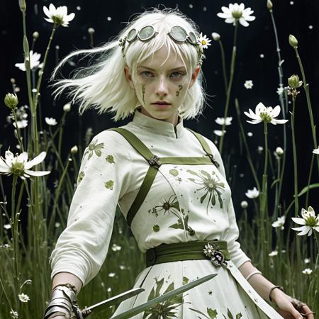 Super Closeup Portrait, action shot, Profoundly dark whitish meadow, glass flowers, Stains, space grunge style, Jeanne d'Arc wearing White Olive green used styled Cotton frock, Wielding thin silver sword, Sci-fi vibe, dirty, noisy, Vintage monk style, very detailed, hd