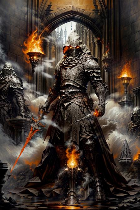 score_9, score_8_up, 8, score_7_up, solo,  
fantasy style, masterpiece, 8k, 

BREAK
Medieval fantasy warrior in ornate forged steel plate armor, wearing distinctive metal mask with intricate engravings, standing in ancient stone forge hall with glowing embers. Character holds masterwork sword and wears flowing dark cloak. Background shows hammer and anvil, weapon racks, stone archways. Dramatic lighting from forge fire creates shadows and highlights on polished armor. Art style: official Dungeons and Dragons book illustration, fantasy art, digital painting, detailed shading, muted color palette with warm orange forge glow, professional RPG artwork, similar to Player's Handbook illustrations. High detail on armor craftsmanship, mask design, and medieval smithing tools. Atmospheric smoke and sparks from forge. Full body composition showing warrior's imposing stance. Professional fantasy game art quality, painted illustration style, not photorealistic.
BREAK
oil painting, BadDream, negative_hand, NEG_EMBED_STABLE_YOGI_V3, FastNegativeV2, AissistV2
(detailed:1.3), (sharp focus:1.1), medieval style, (expressive face:1.2),,