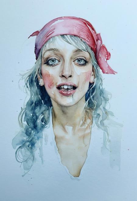 Facial expression style, (watercolor:1.2), Irina Ionesco, ((clever pirate)) (Lebanese:1.2) female (cute:1.4), (sagging empty uneven breasts:0.7),