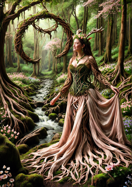 masterpiece, dreamy tone, ultra quality, warm lighting, smooth texture, high realism, rich shadows
pink petals, (wooden dress), soft smile, (glowing skin), (vine necklace), (mossy hair), (bark sleeves), flowing robe, small antlers, gentle eyes, pale glow, flower crown, curved horns, subtle blush, smooth limbs, (rooted hands), forest tattoo, peaceful presence, woodland aura, white nails, light texture, calm face, natural posture, bare shoulders, silky moss, organic earrings, flowing hair, (branch corset), earthy palette
walking forward, reaching light, slow motion, skirt swaying, petals falling, (vines trailing), breeze rising, soft step, aura glowing, (roots blooming)
peaceful valley, glowing stream, blooming meadow, dancing light, floral field, ancient trees, mossy ground, soft clouds, gentle wind, floating blossoms, radiant mist, fairy particles, pastel background, (root circle) <lora:tree roots_0_100_V1:1>