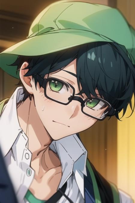 masterpiece, best quality, , 1boy, solo, male focus, looking at viewer, , depth of field, <lora:tasuku_kuresawa:0.74>, tasuku_kuresawa, black hair, glasses, green eyes, school uniform, hat