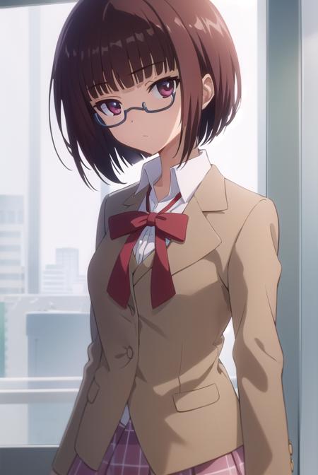 lunaminase, <lora:luna minase s2-lora-nochekaiser:1>,
luna minase, short hair, brown hair, (brown eyes:1.5), glasses, bob cut, under-rim eyewear,
BREAK skirt, school uniform, plaid, plaid skirt, shirt, white shirt, collared shirt, jacket, long sleeves, black jacket,
BREAK indoors, classroom,
BREAK looking at viewer, (cowboy shot:1.5),
BREAK <lyco:GoodHands-beta2:1>, (masterpiece:1.2), best quality, high resolution, unity 8k wallpaper, (illustration:0.8), (beautiful detailed eyes:1.6), extremely detailed face, perfect lighting, extremely detailed CG, (perfect hands, perfect anatomy),