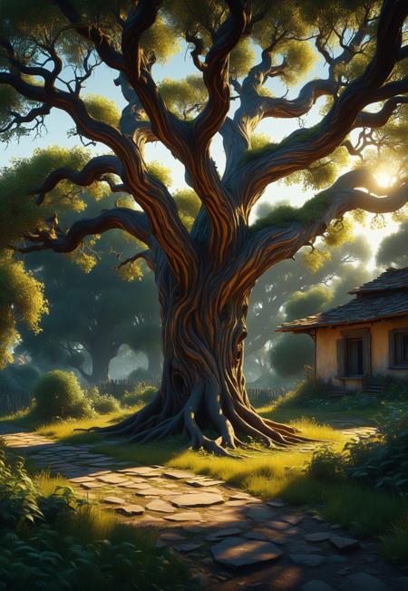 an abandoned garden, where a twisted tree's gnarled face appears to weep. The warm, golden light casts long shadows, emphasizing the tree's sorrowful expression. Oil painting style realism brings depth and emotion to this haunting, cinematic scene, Hyper detailed digital matte painting, beautiful landscape concept art, hyperrealism, 16k resolution, Cinema 4D, 8k resolution, trending on artstation, behance HD, a masterpiece, illustration render cinema octane x-particle HDR DLSR detailed sophisticated 16k Behance HD, Epic 3D Videogame Graphics, Intricately Detailed, refined, defined, follow negative prompts