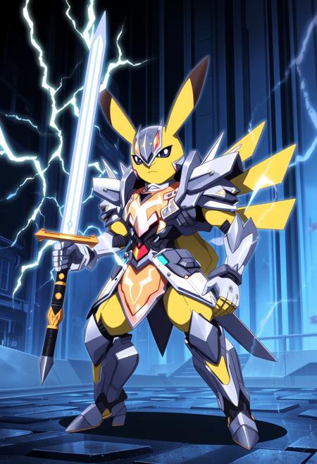 anime screencap from digimon adventure tri depicting a knight digimon with a pikachu aesthetic and biomechanical armor holding a lightning sword and standing in a digital dimension. The pikachu knight digimon has lightning patterns on his armor and carbon fiber joints, The image overall is evocative of the digimon adventure tri anime, with gritty detail and intricate linework