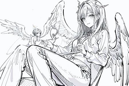 Best quality,Masterpiece,1girl,Phoenix,<lora:æ°´å½©ç¬v1.2:1>,lineart,(angel and devil:1.5),