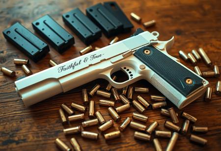 A gun is lying flat on a wooden table, it is a pure white  ((Colt 1911)) full-size handgun with "Faithful & True" engraved in elegant font along the slide of the pistol. The grips are beautiful pearl white, and the the gun has gold accents on all the buttons and levers. The pistol is surrounded by spare mags and dozens of extra .45 ACP ammunition rounds littered across the table. View from above, weapon, indoors, signature, blurry, gun, no humans, depth of field, blurry background, handgun, action film style, shallow depth of field, vignette, highly detailed, high budget, bokeh, cinemascope, moody, epic, gorgeous, film grain, grainy