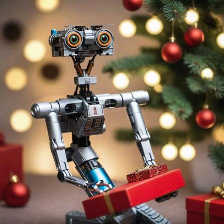 Johnny5-1024, a robot, holding gifts, christmas tree, detailed eyes, highly detailed, photography, ultra sharp, film, bokeh, professional, 4k   <lora:Johnny5-1024:0.6> <lora:add-detail-xl:2>