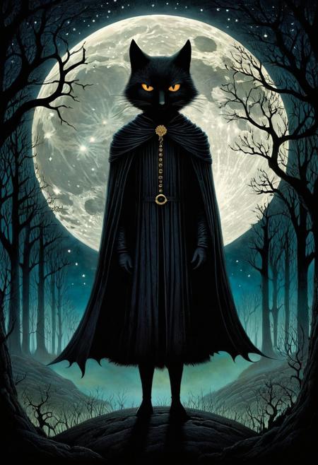 I am the shadow on the moon at night, filling your dreams to the brim with fright, Cinematic, sharp focus, highly detailed hyperrealistic, Andy Kehoe, Clyde Aspevig, Deciduous, nighttime, glitter, Arthur Rackham, Mary Blair, Edmund Dulac, pixar