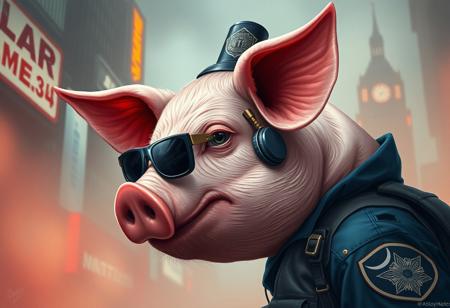 Create a highly detailed, lifelike digital painting of a hybrid pig and NYC policeman character, inspired by Star Wars legends and set on a Makiu in the Magical Mist of Andromeda. Incorporate elements of cyberpunk, faded red colors, long pointy ears, and proper proportions. The character should be shown in a flat lay, left-aligned composition with realistic shading, sharp focus, and ultra-realistic details. Use the styles of Makoto Shinkai, Alphonse Mucha, and Artgerm as references. Output should be in the format of a trending Artstation concept art piece.