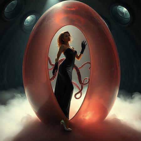 noble norvegian femme fatal lady  standing struggling with with tentacles pulling her inside  hole in giant transparent slime egg,  wearing evening GLOSSY THIN black slime live tentacles gown, GLOVES  and high heels, , surrounded by  weird fog from the floor, captured in light beam from celling,   giant slime covered transparent eggs with encased ladies at background, alien breeding chamber,  liver slime walls, portholes to outer space,  ultrathin waisT, HORROR,  reminiscent of H.R. Giger, Zdzisław Beksinski, and Ash Thorp's dark, sleek styles, with close-up glamour photography, glossy satin and silver heels glistening, fleshy slime dripping, and dark shadows.